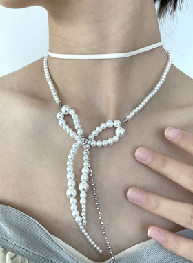 高级气质双层蝴蝶结仿珍珠项链