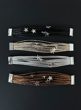 y2k辣妹多层五角星细闪手链亚文化百搭复古pu皮磁性扣手镯手环