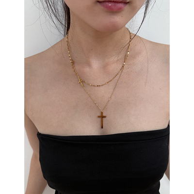 欧美风简约金色双层十字架项链