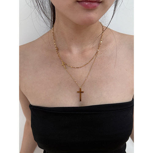 欧美风简约金色双层十字架项链