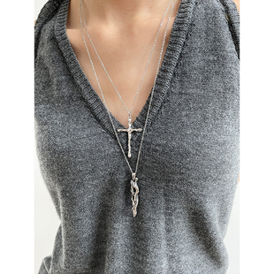 欧美简约高级感冷淡风银色十字架叠戴项链暗黑辣妹个性 百搭锁骨链