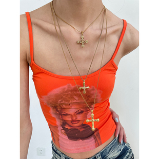 欧美风复古辣妹金色十字架叠戴项链小众设计感高级轻奢百搭锁骨链