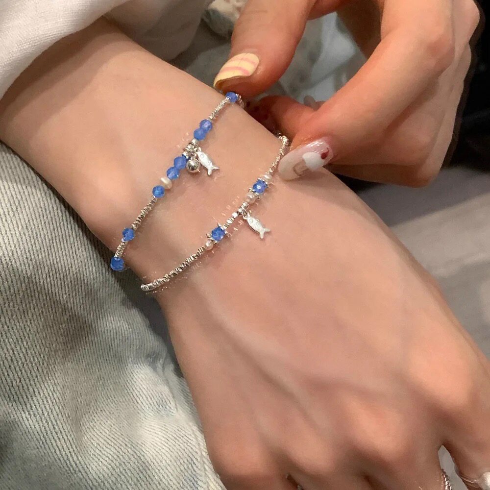 小鱼游~s925银多巴胺蓝色水晶小鱼手链女小清新甜美百搭小众手链
