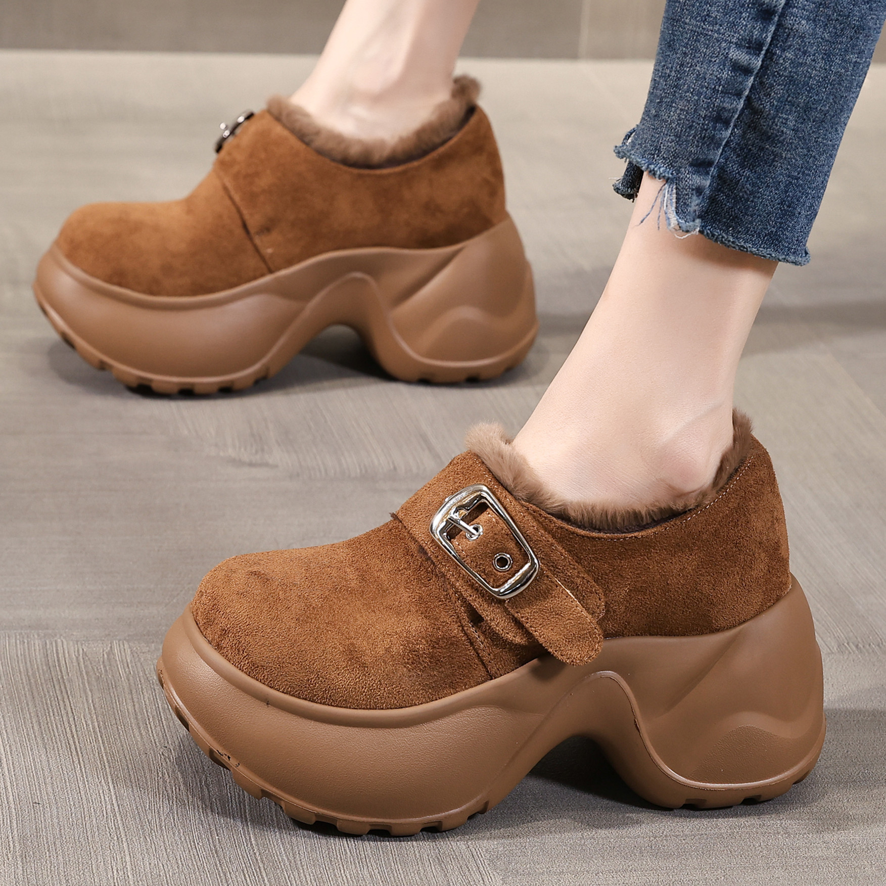 ZFCQ新款加绒厚底内增高乐福鞋女款真皮2025冬低帮保暖勃肯鞋短靴,女鞋,乐福鞋（豆豆鞋）,淘宝优惠券,粉丝福利购,淘宝优惠卷