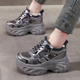 ZFCQ香港厚底内增高时尚休闲鞋女款2026春秋8cm网面显脚小老爹鞋