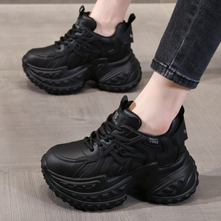 ZFCQ新款厚底黑色内增高老爹鞋女款全皮2026春8cm舒适小个子运动