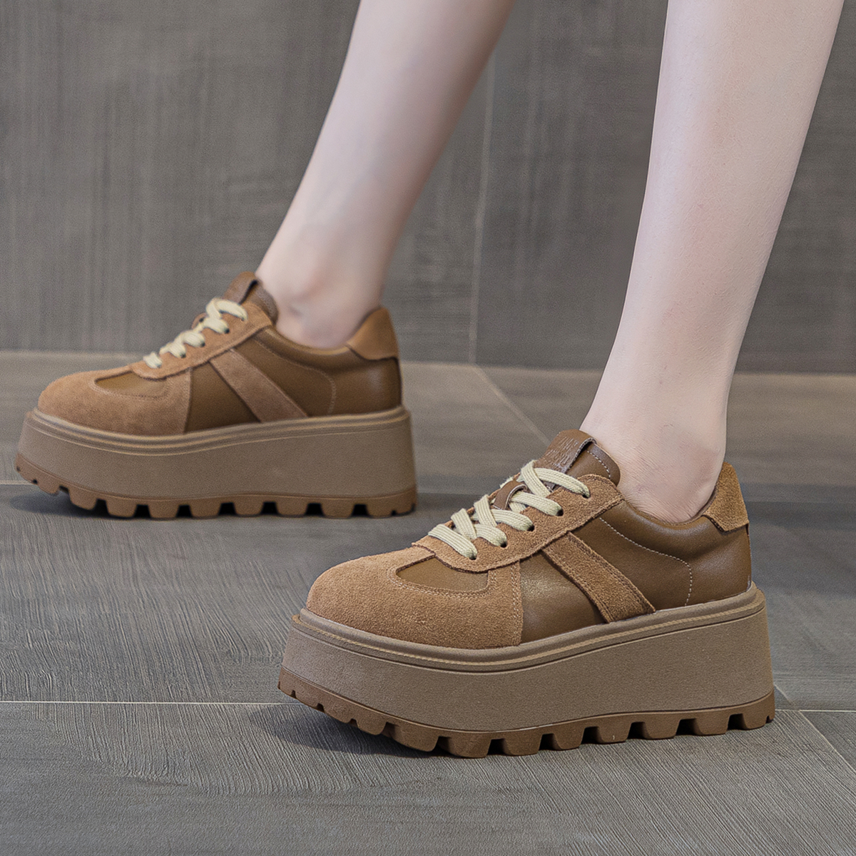 ZFCQ香港厚底内增高松糕鞋女真皮