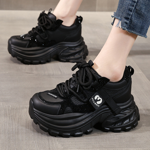 ZFCQ香港黑色水钻内增高老爹鞋女款真皮2026春8cm网面高跟运动鞋