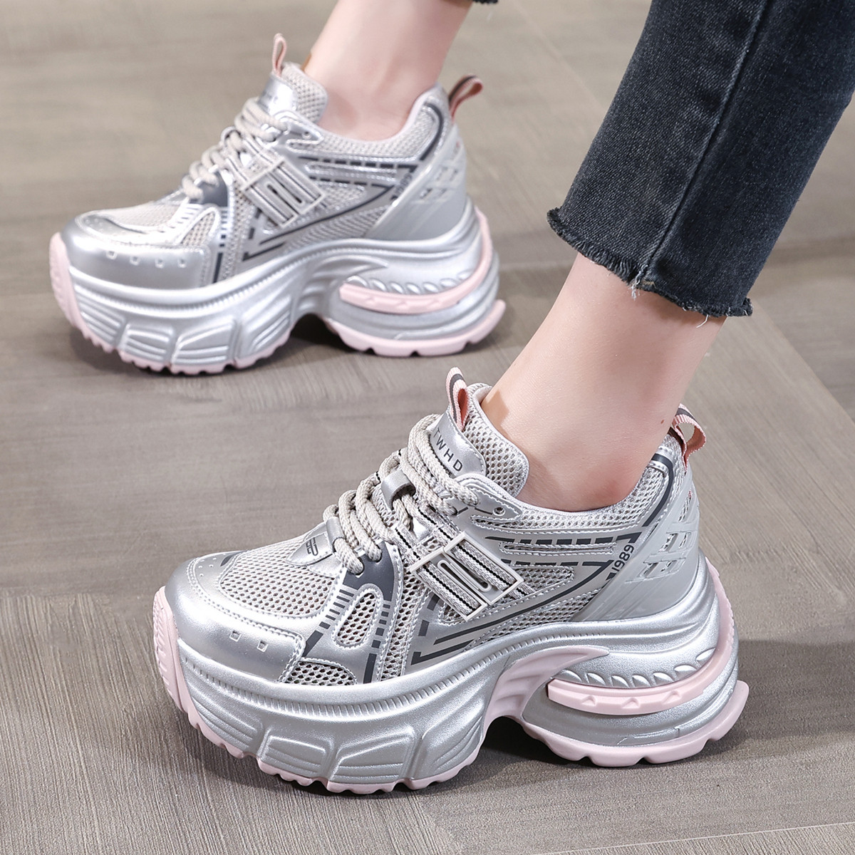 ZFCQ新款网面透气内增高老爹鞋女款真皮2026夏轻便小个子厚底运动