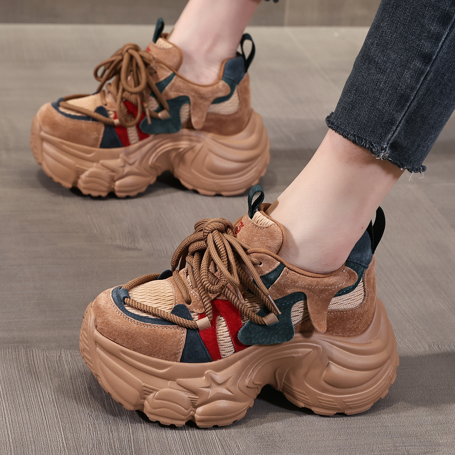 ZFCQ香港彩色内增高老爹鞋女真皮