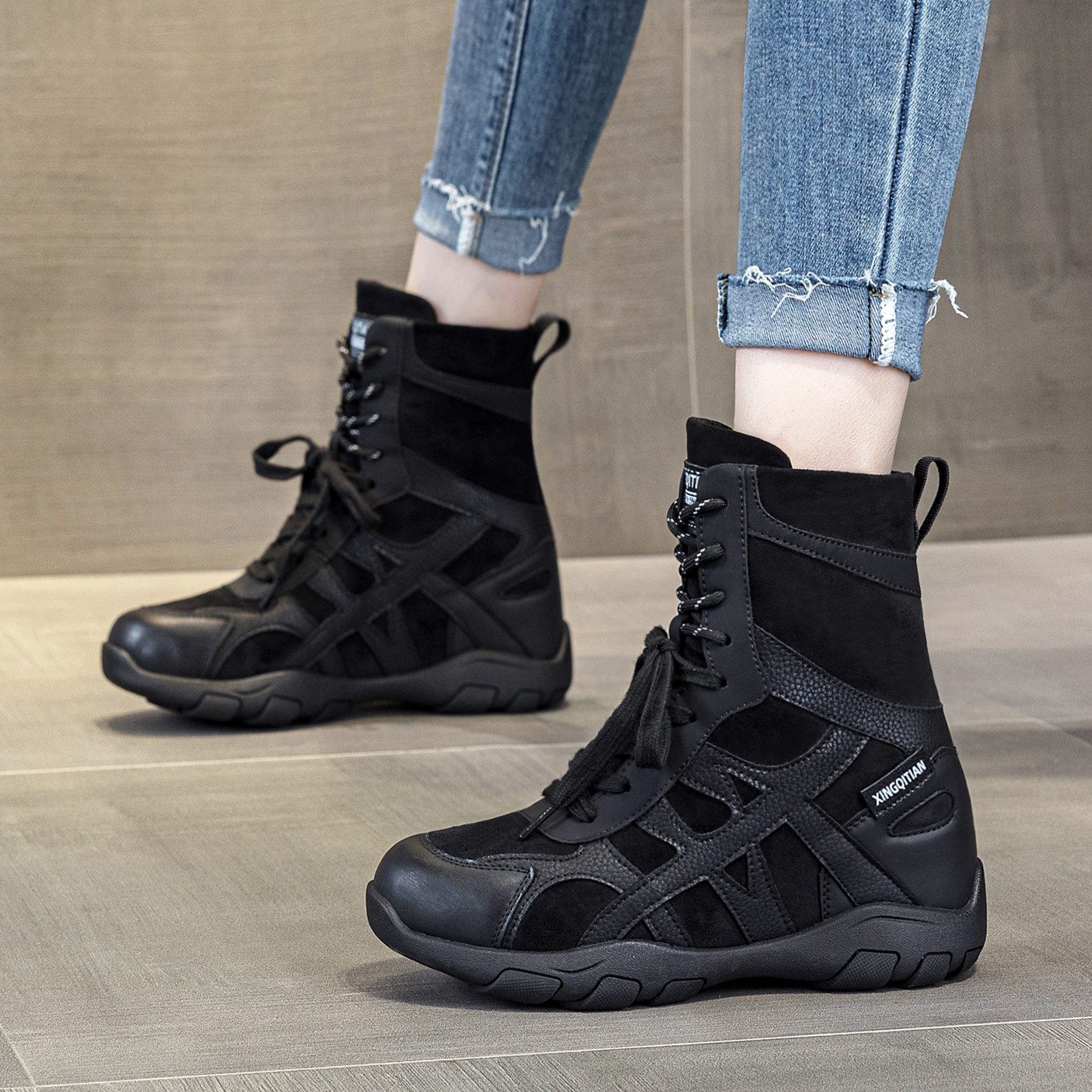 ZFCQ新款厚底高帮内增高马丁靴女款加绒2026冬小个子高跟全皮棉靴