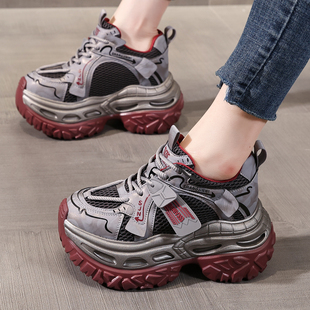 ZFCQ香港厚底内增高网面老爹鞋女款真皮2025秋冬新款超火高跟休闲