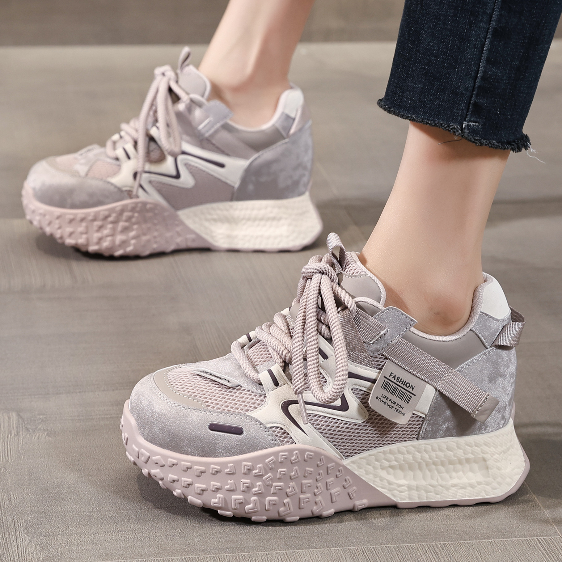 ZFCQ新款厚底网面内增高运动鞋女真皮2026春小个子8cm软底不累脚