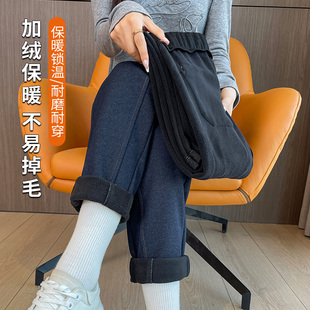高腰宽松显瘦直筒加绒加厚宽松老爹长裤 松紧腰哈伦牛仔裤 女秋冬季