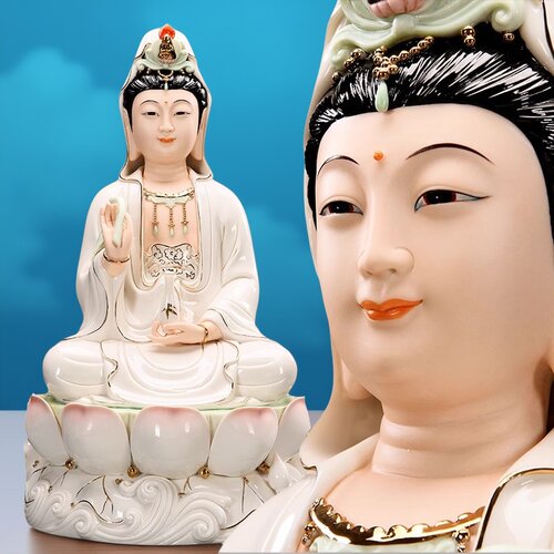 坐莲陶瓷观世音佛像桌面摆件