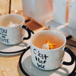 创意卡通动物3D猫咪陶瓷杯手绘咖啡杯茶杯马克杯耐高温套装成人杯