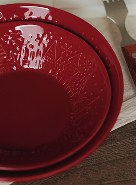 芬兰釉下彩伊塔拉主题陶瓷碗家用餐具餐盘碗简约大红色甜品碗菜盘