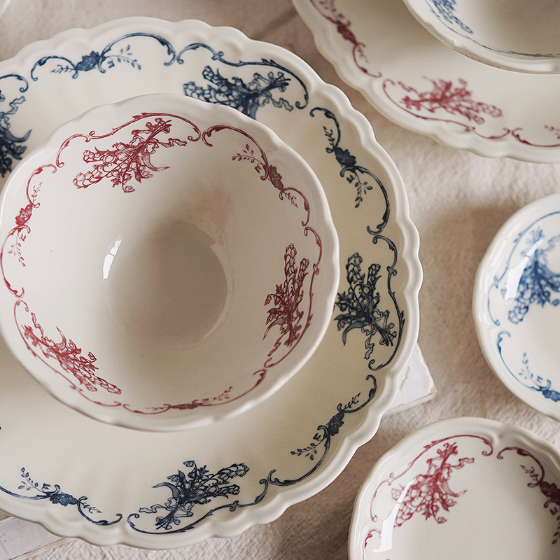 复古怀旧花束甜品咖喱意面早餐盘铜板转印古典植物印花平餐盘饭碗