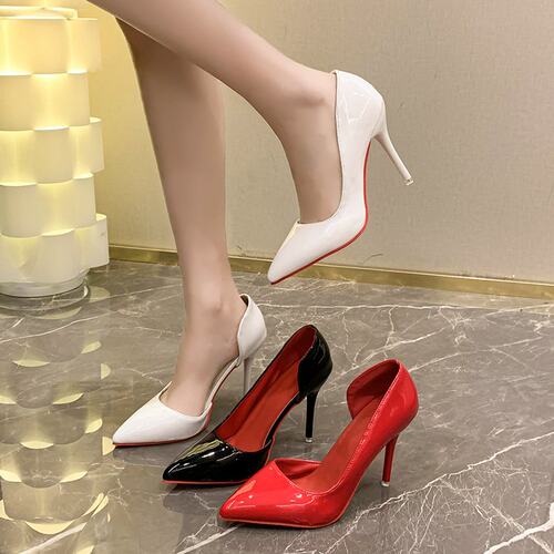 34-46码 大码侧空高跟鞋白色漆皮尖头细跟12CM性感情趣伪娘单鞋