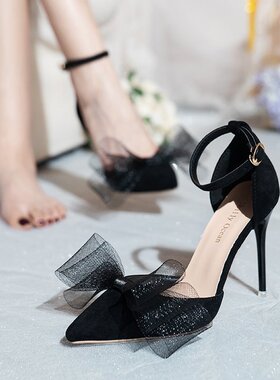 35-45码 44大码女鞋43加大号高跟鞋42仙女风蝴蝶结凉鞋41细跟10cm