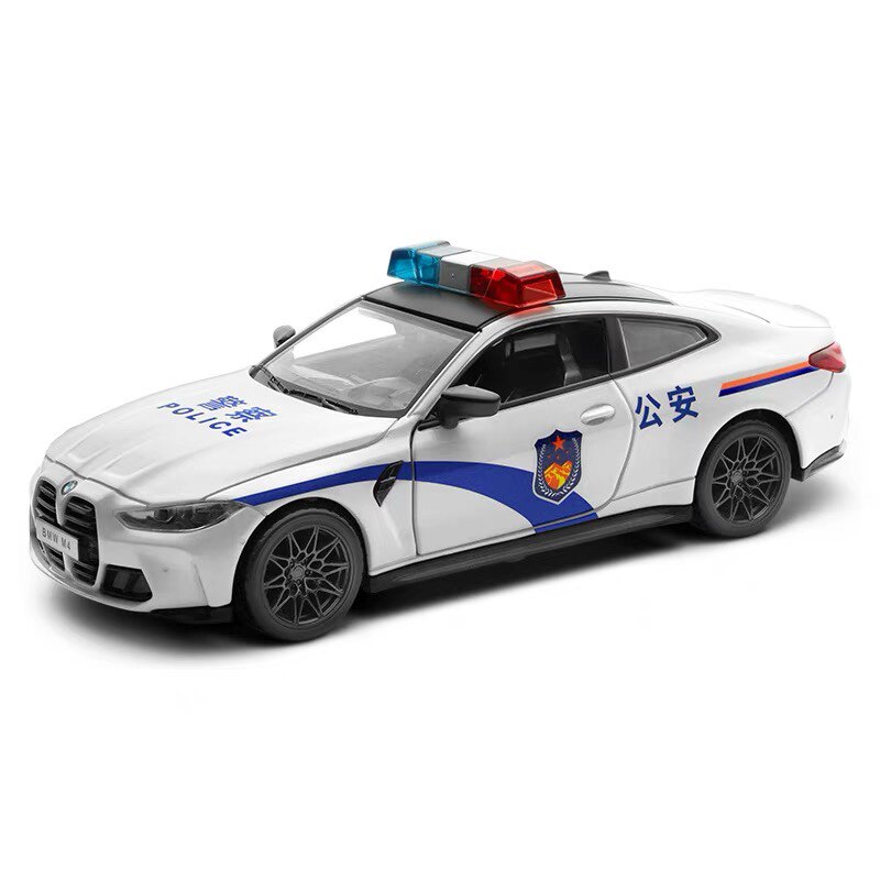 彩珀成真1:32合金汽车模型白色宝马M4公安特警车声光儿童玩具男孩