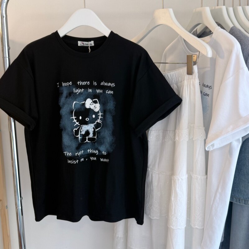 26早夏新 手工蝴蝶结卡通小猫韩系圆领短袖女T 宽松休闲百搭上衣