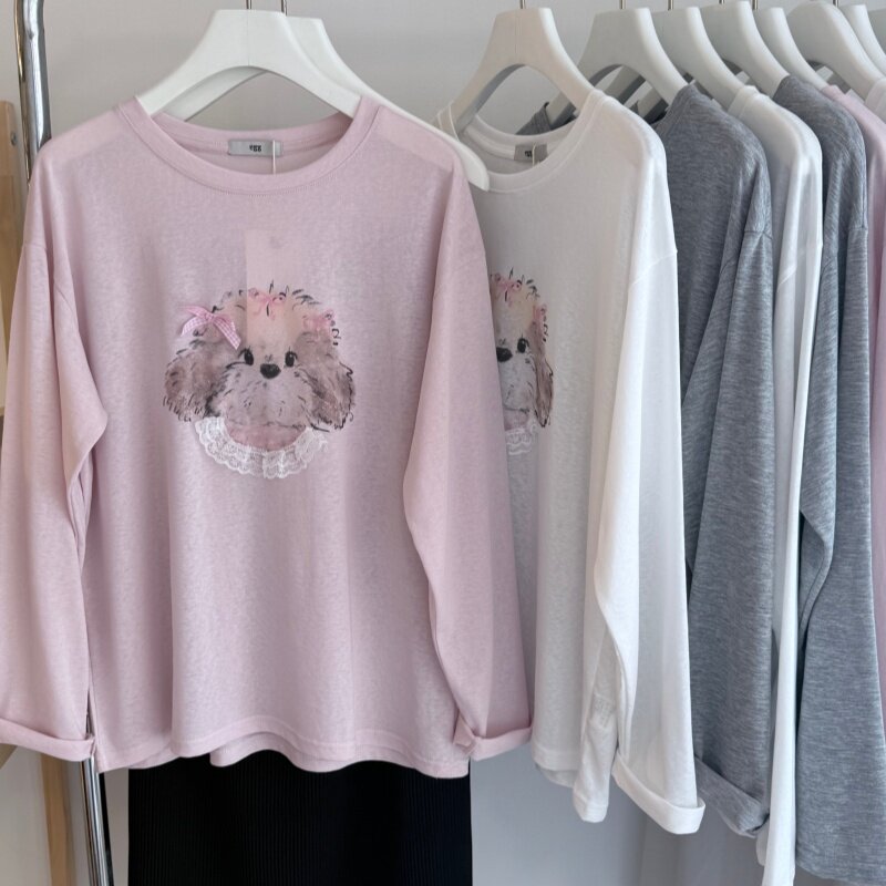 26夏 轻薄丝滑凉感卡通小狗蝴蝶结韩系圆领长袖女T 减龄上衣防晒