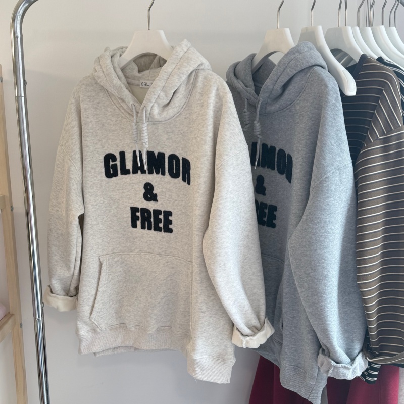 冬加绒 立体毛线刺绣字母 简约百搭连帽卫衣女 宽松大版包臀帽衫