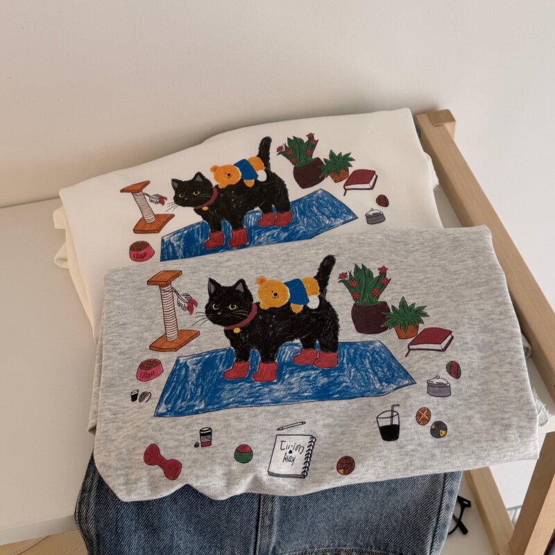 26夏 卡通小猫咪印花水柔双面棉T女 宽松版休闲韩系圆领短袖上衣