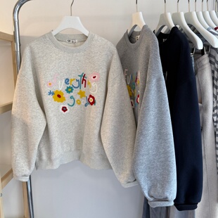 减龄休闲短款 卫衣女 上衣 韩系毛巾刺绣小花朵圆领长袖 26春新款