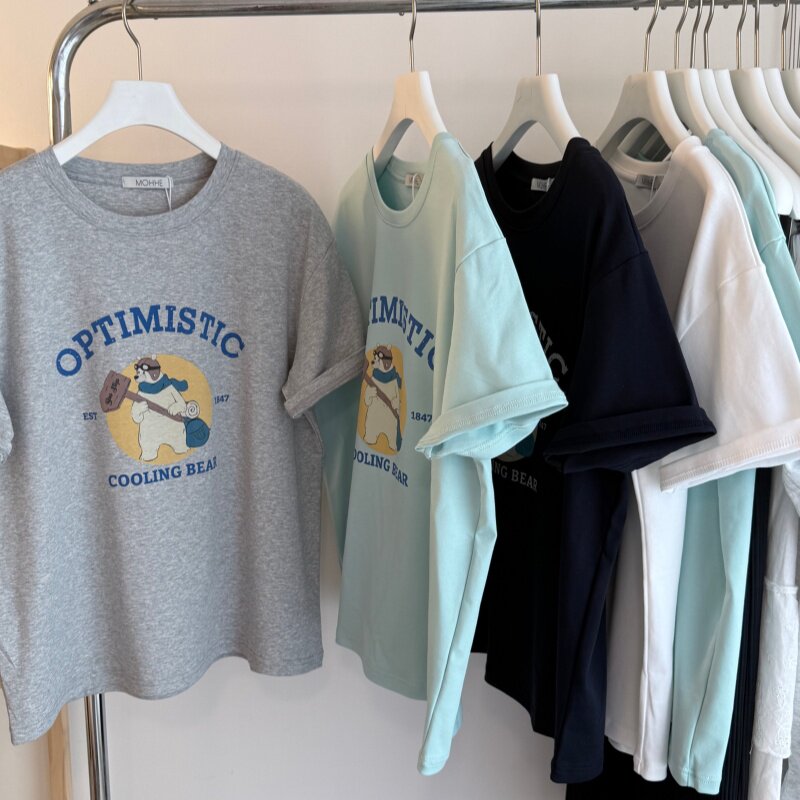 26夏 飞行大熊字母印花 韩系水柔双面棉卡通圆领短袖女T 宽松上衣