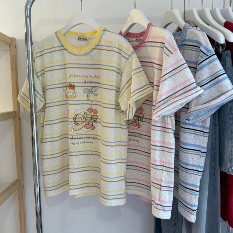 26夏 螺纹撞色领口韩系卡通蝴蝶结小猫圆领短袖女T 宽松百搭上衣