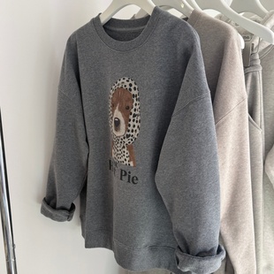 百分百棉冬加绒 圆领卫衣女 韩系波点头巾小狗宽松包臀慵懒感大版