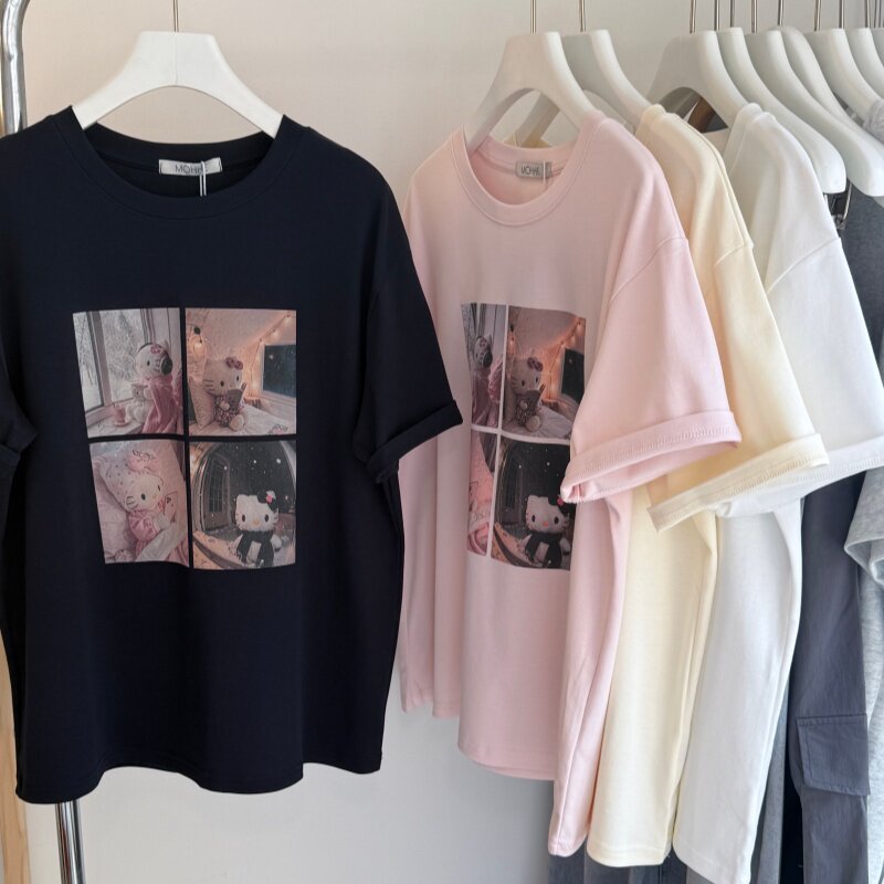 26夏 水柔双面棉韩系卡通小猫印花 减龄圆领短袖女T 宽松百搭上衣