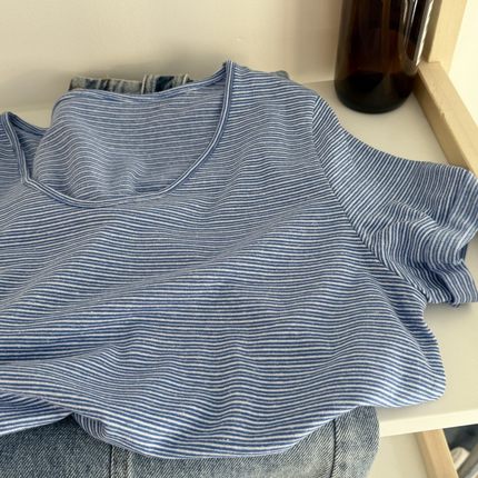 小窄边鸭蛋领口 韩系小细条纹袖口卷边女士短袖 休闲T夏上衣