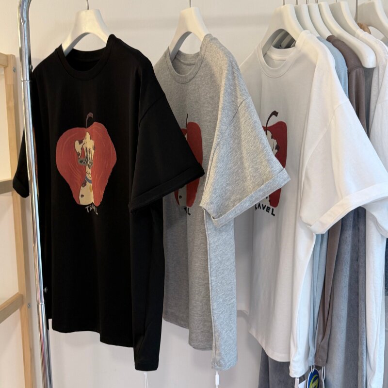 26夏新 韩系卡通苹果小狗印花落肩袖圆领休闲大版女T 百搭短袖