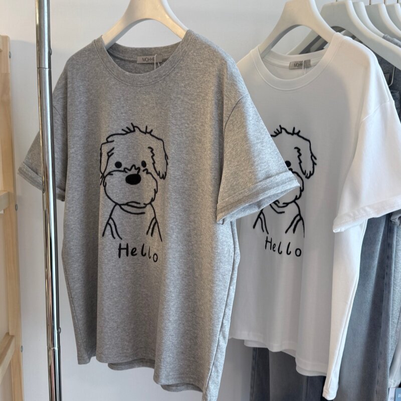26夏季新 水柔双面棉韩系卡通刺绣小狗宽松百搭圆领短袖女T 上衣