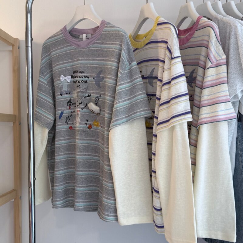 26春 螺纹撞色领口韩系宽松假两件长袖圆领女T 卡通条纹打底上衣