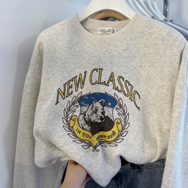 冬加绒  麦穗小狗字母韩系圆领保暖卫衣女摇粒绒宽松小个子上衣