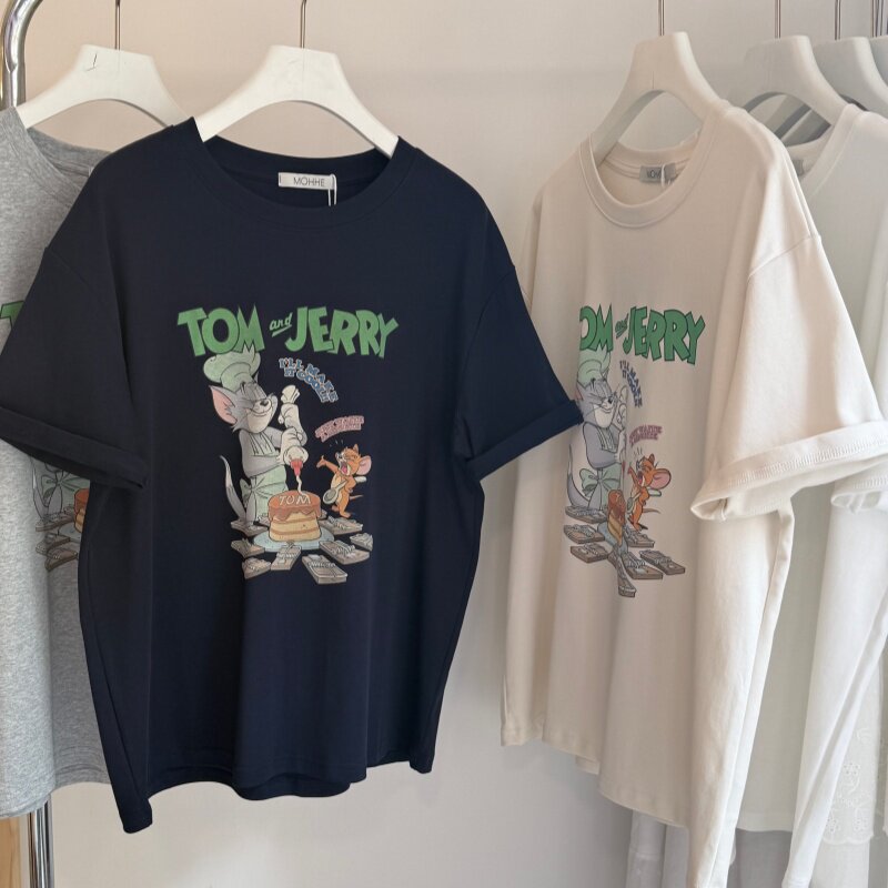 26夏 水柔双面棉韩系宽松休闲圆领短袖女T 卡通做饭小猫印花上衣