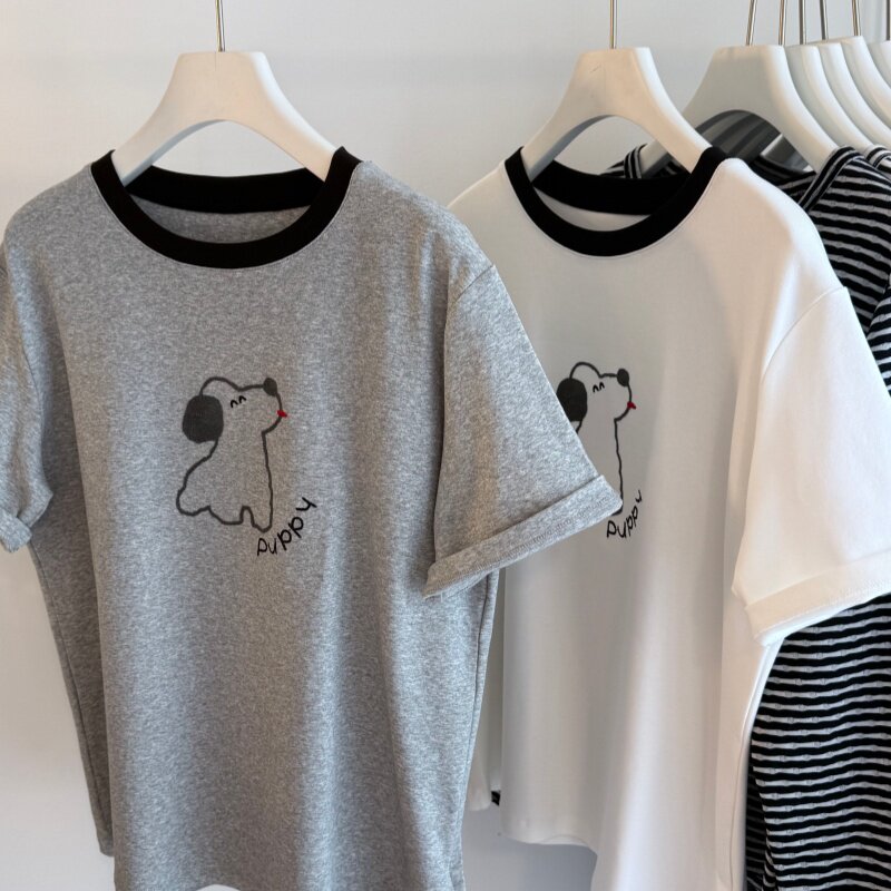 26春夏 毛线刺绣卡通小狗 撞色领口简约韩系圆领短袖女T百搭上衣