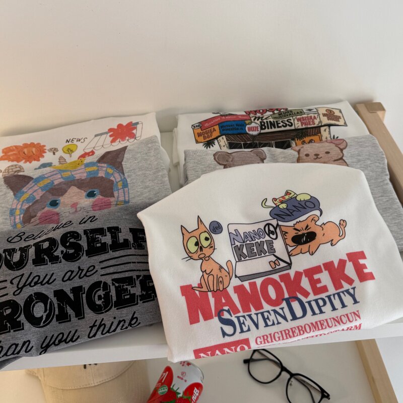 26夏新 韩系正肩小版型卡通字母 小猫圆领短袖女T 弹力短款上衣