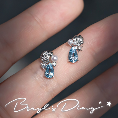 人鱼的眼泪|天然海蓝宝18k金真钻海洋小耳钉定制Beryl's Diary