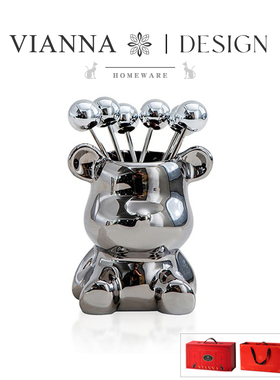 VIANNA丨小熊水果叉套装·RHETT陶瓷水果叉收纳罐不锈钢甜品叉子