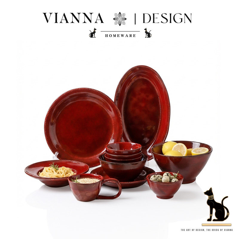 VIANNA朱砂红窑变餐具碗盘套装