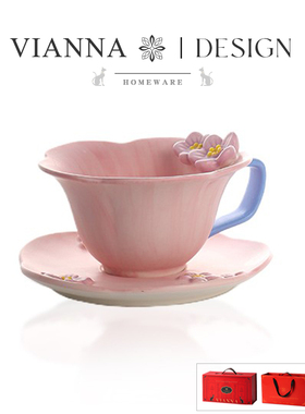 VIANNA|梅花·AMAR可爱手绘咖啡杯碟陶瓷马克杯套装情侣水杯礼物