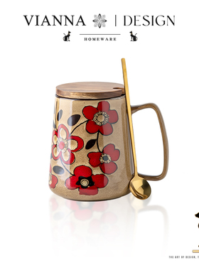 VIANNA丨花纹·MAND高颜值复古陶瓷马克杯手绘杯办公大水杯咖啡杯