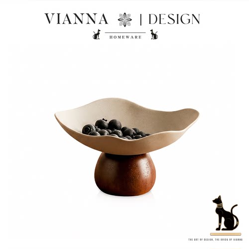 VIANNA中古风实木高脚陶瓷果盘
