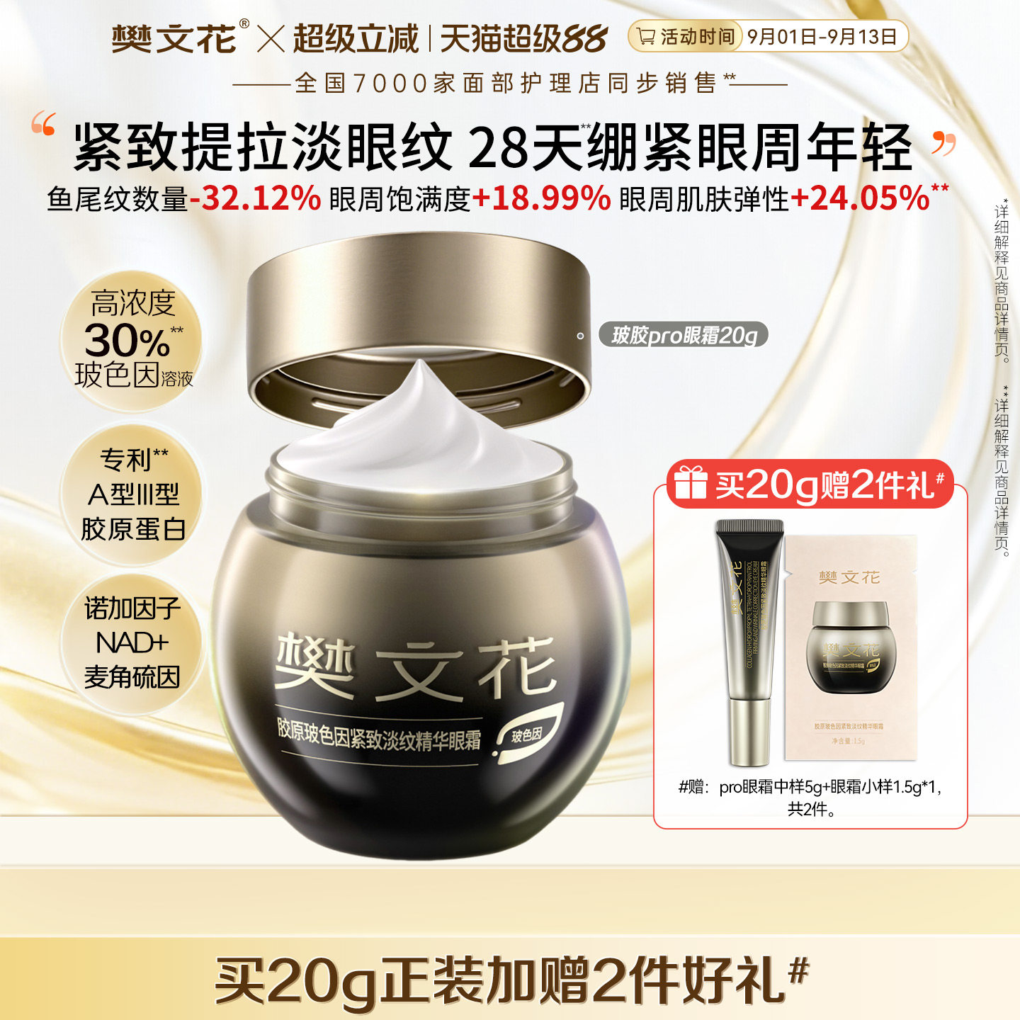樊文花30%玻色因胶原Pro眼霜保湿滋养修护舒缓抗皱提拉紧致淡眼纹