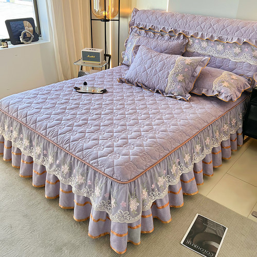 加厚水洗棉夹棉床裙床头罩三件套夹棉床罩床垫保护套四季欧式新款